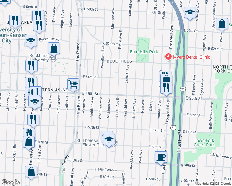 map of restaurants, bars, coffee shops, grocery stores, and more near 1906 East 55th Street in Kansas City