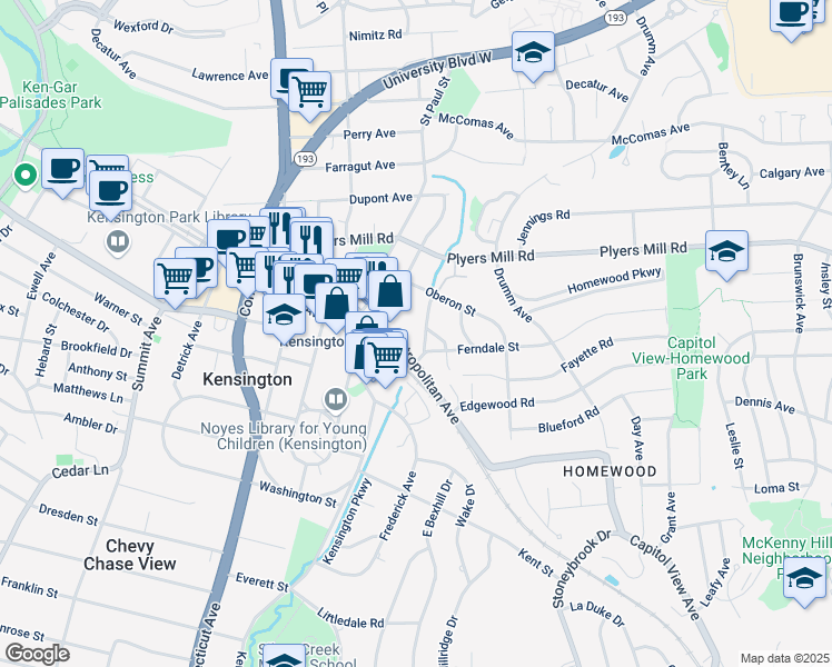 map of restaurants, bars, coffee shops, grocery stores, and more near 10403 Kensington Parkway in Kensington