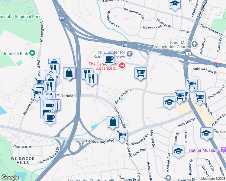 map of restaurants, bars, coffee shops, grocery stores, and more near 10352 Jacobsen Street in Bethesda