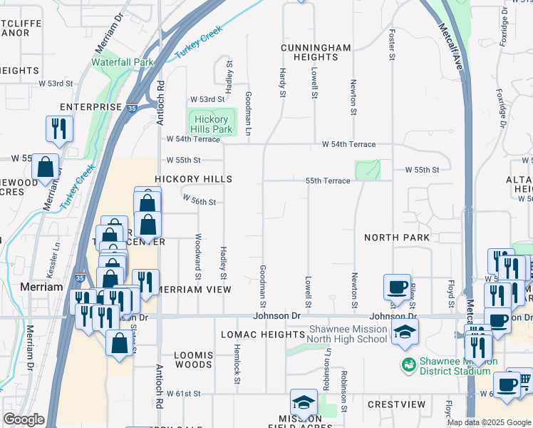 map of restaurants, bars, coffee shops, grocery stores, and more near 8150 West 56th Terrace in Mission