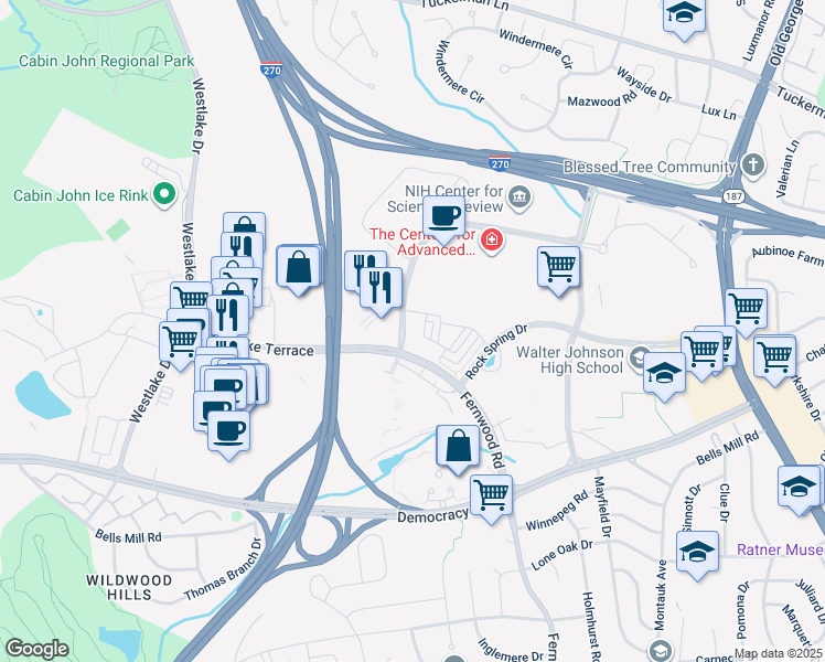 map of restaurants, bars, coffee shops, grocery stores, and more near 6924 Rockledge Drive in Bethesda