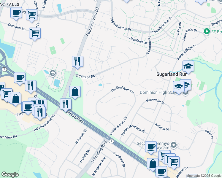 map of restaurants, bars, coffee shops, grocery stores, and more near 317 Cardinal Glen Circle in Sterling