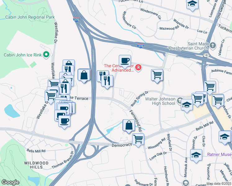 map of restaurants, bars, coffee shops, grocery stores, and more near 6924 Rockledge Drive in Bethesda