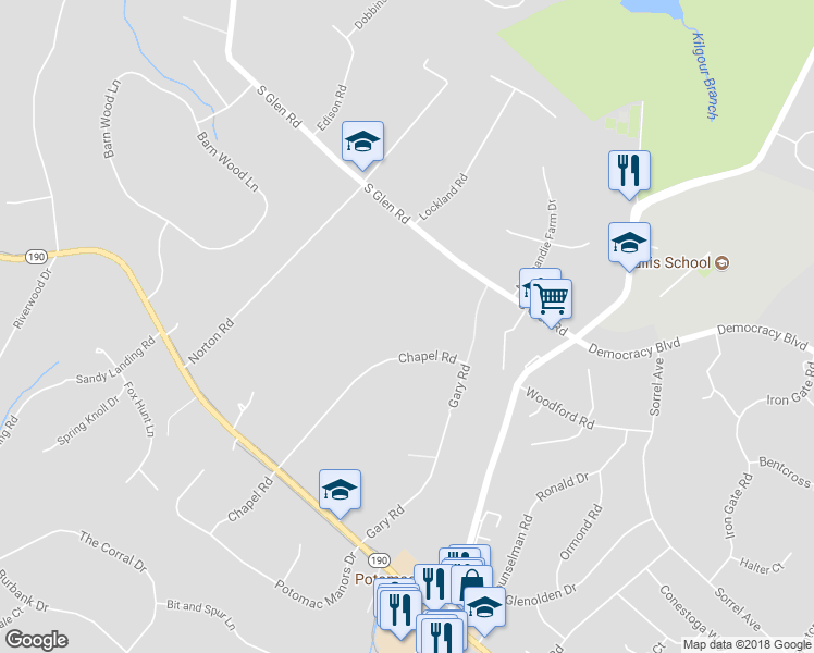 map of restaurants, bars, coffee shops, grocery stores, and more near 10120 Chapel Road in Rockville