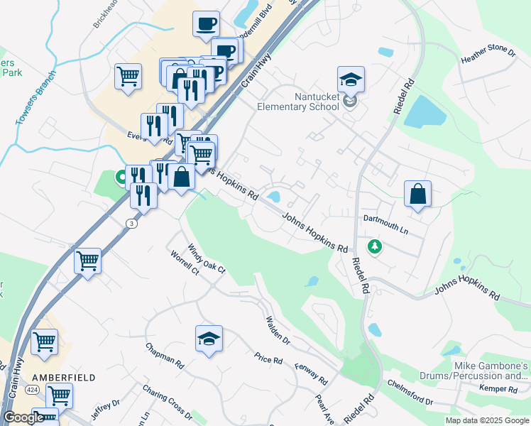 map of restaurants, bars, coffee shops, grocery stores, and more near 2589 Ambling Circle in Crofton