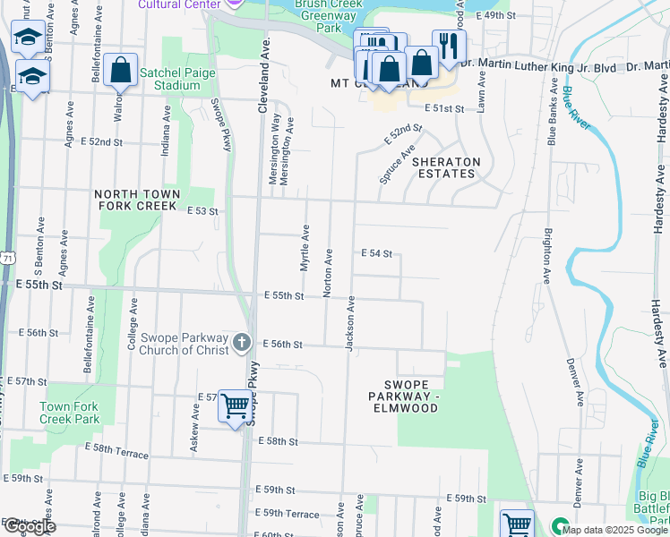 map of restaurants, bars, coffee shops, grocery stores, and more near 5419 Norton Avenue in Kansas City