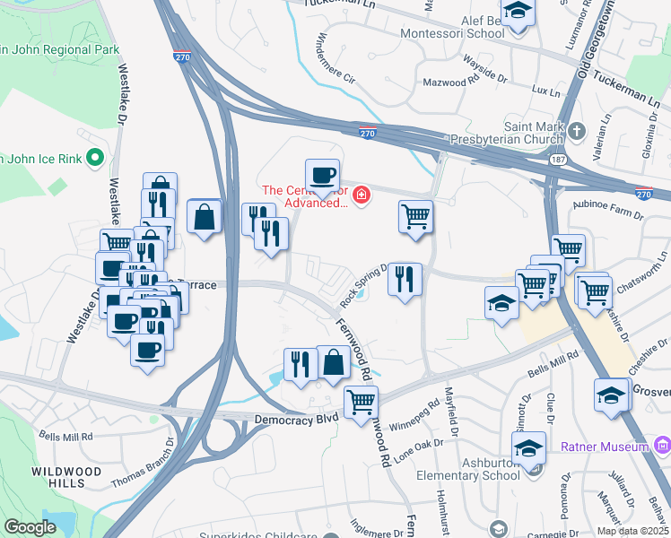 map of restaurants, bars, coffee shops, grocery stores, and more near 10352 Jacobsen Street in Bethesda