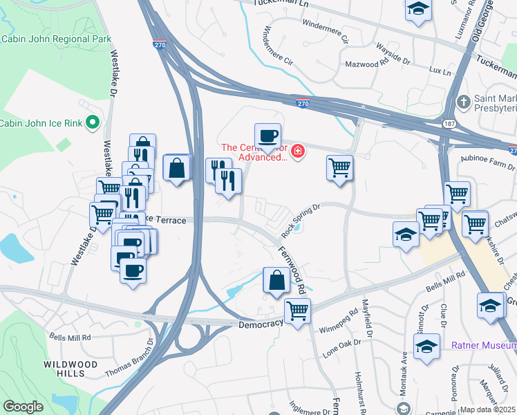 map of restaurants, bars, coffee shops, grocery stores, and more near 6733 Eames Way in Bethesda