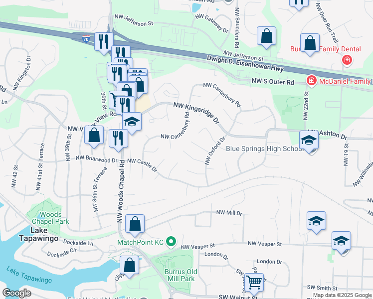 map of restaurants, bars, coffee shops, grocery stores, and more near 3009 Northwest Bristol Court in Blue Springs