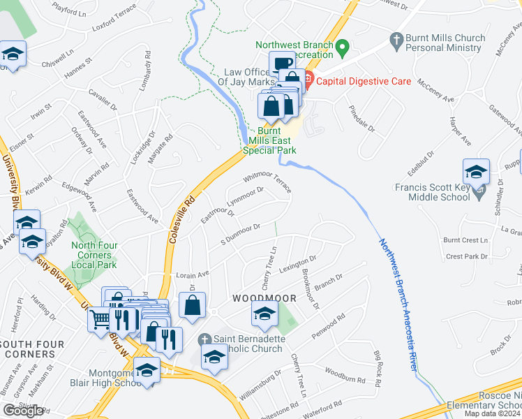 map of restaurants, bars, coffee shops, grocery stores, and more near 115 Eastmoor Drive in Silver Spring