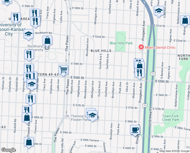 map of restaurants, bars, coffee shops, grocery stores, and more near 1906 East 55th Street in Kansas City
