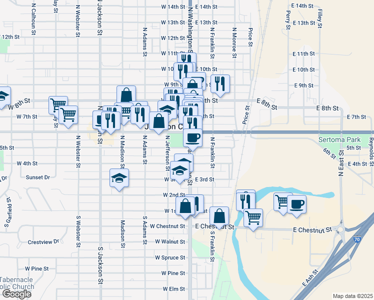 map of restaurants, bars, coffee shops, grocery stores, and more near 448 North Washington Street in Junction City
