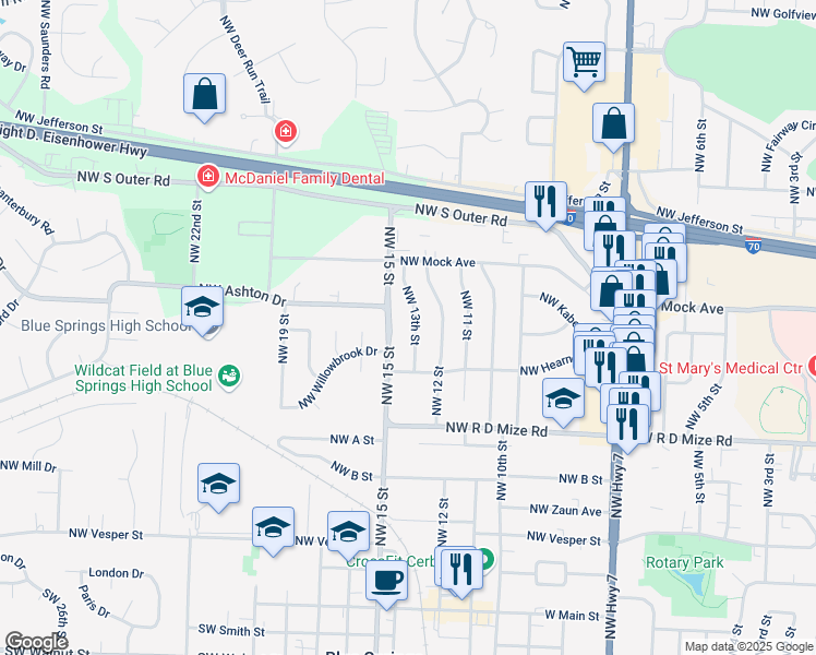 map of restaurants, bars, coffee shops, grocery stores, and more near 818 Northwest 15 Street in Blue Springs
