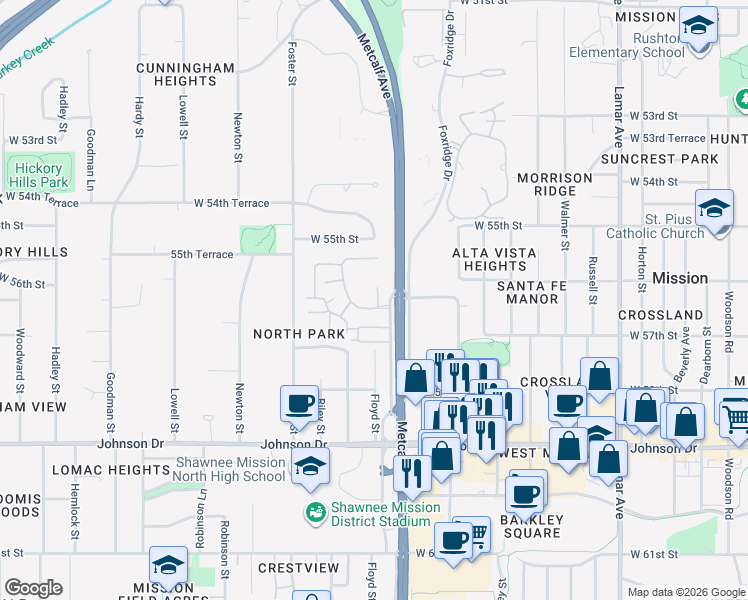 map of restaurants, bars, coffee shops, grocery stores, and more near 5603 Marty Street in Mission