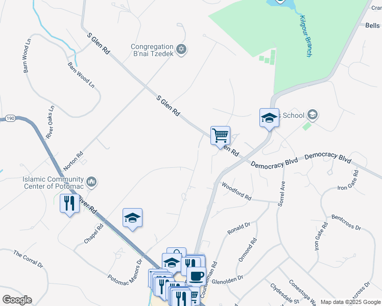 map of restaurants, bars, coffee shops, grocery stores, and more near 10410 Gary Road in Rockville