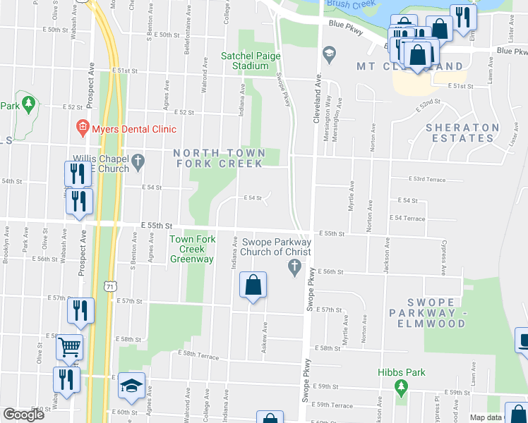 map of restaurants, bars, coffee shops, grocery stores, and more near 3441 East 54th Street in Kansas City