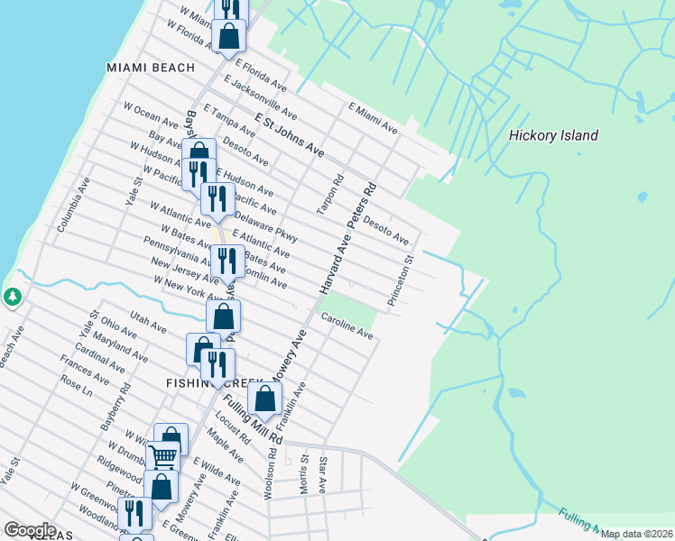 map of restaurants, bars, coffee shops, grocery stores, and more near 201 East Atlantic Avenue in Villas