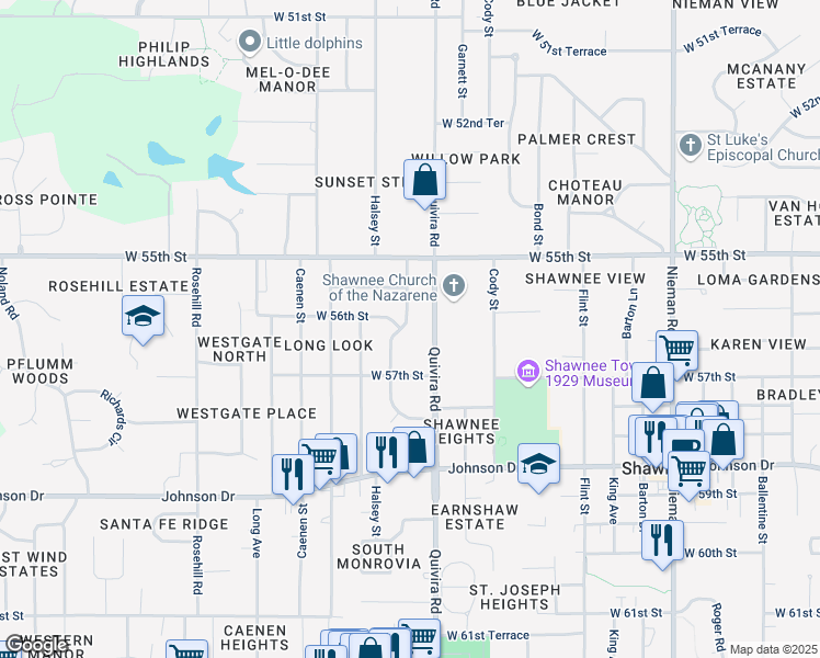 map of restaurants, bars, coffee shops, grocery stores, and more near 5537 Earnshaw Street in Shawnee