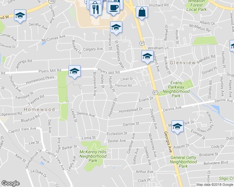 map of restaurants, bars, coffee shops, grocery stores, and more near 10401 Hutting Place in Silver Spring