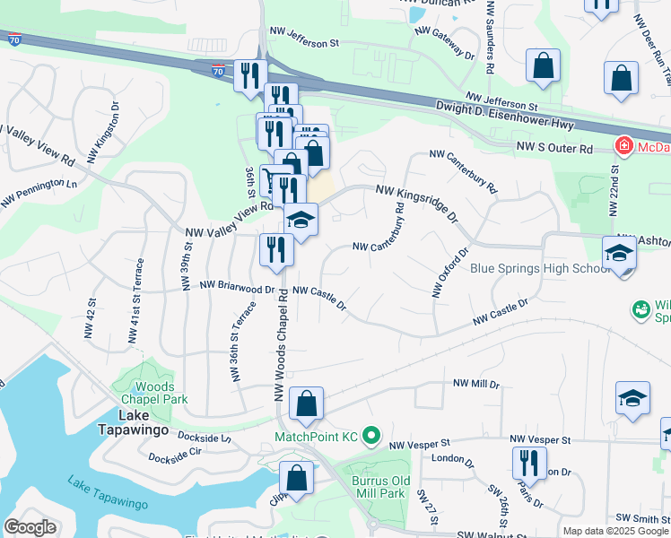 map of restaurants, bars, coffee shops, grocery stores, and more near 3213 Northwest Canterbury Place in Blue Springs