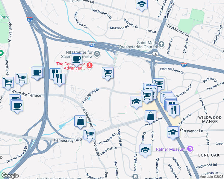 map of restaurants, bars, coffee shops, grocery stores, and more near 6600 Rockledge Drive in Bethesda