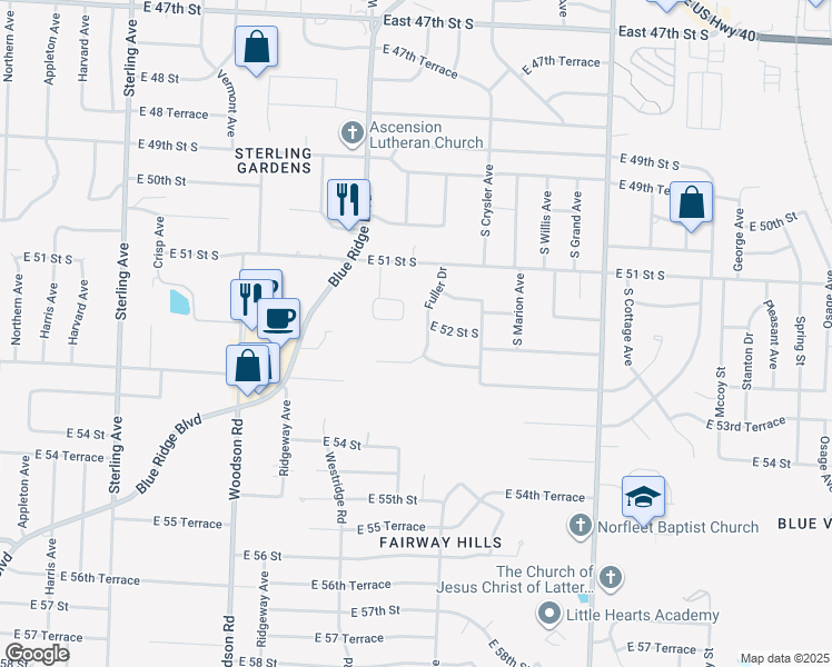 map of restaurants, bars, coffee shops, grocery stores, and more near 5204 Fuller Drive in Independence