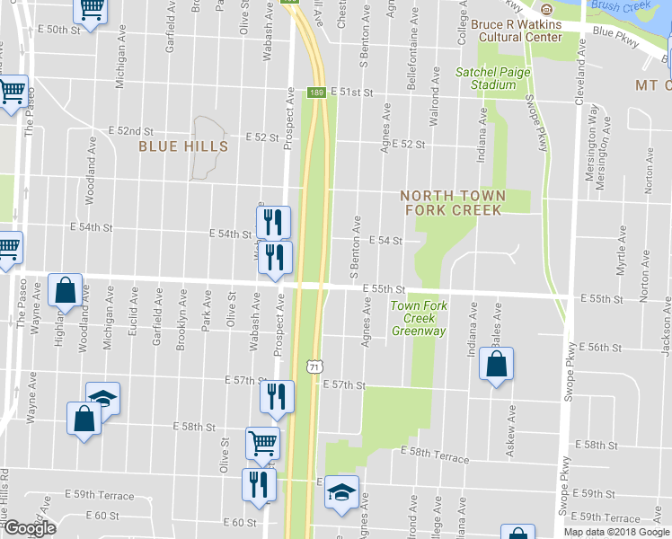 map of restaurants, bars, coffee shops, grocery stores, and more near 5421 Chestnut Avenue in Kansas City