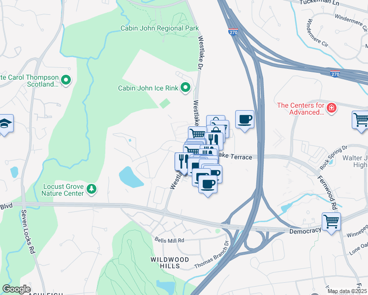 map of restaurants, bars, coffee shops, grocery stores, and more near 7340 Westlake Terrace in Bethesda