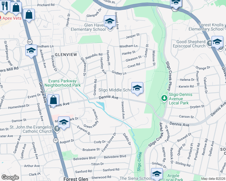 map of restaurants, bars, coffee shops, grocery stores, and more near 10406 Hayes Ave in Silver Spring