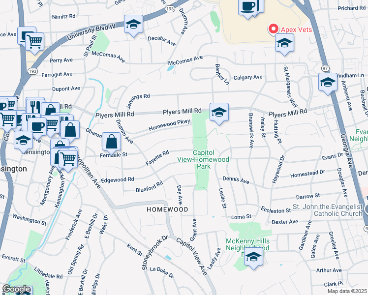 map of restaurants, bars, coffee shops, grocery stores, and more near 3007 Fayette Road in Kensington