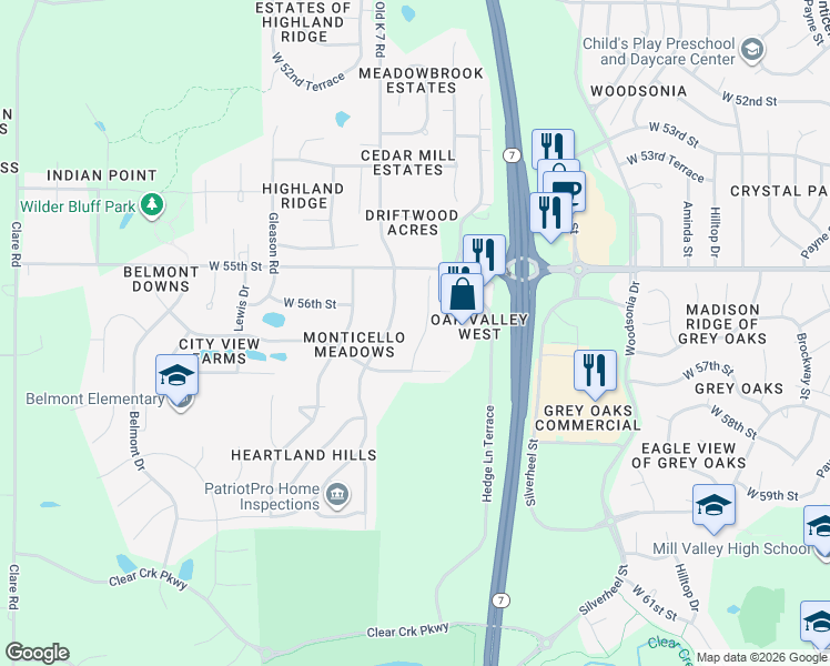map of restaurants, bars, coffee shops, grocery stores, and more near 5630 Meadow View Drive in Shawnee