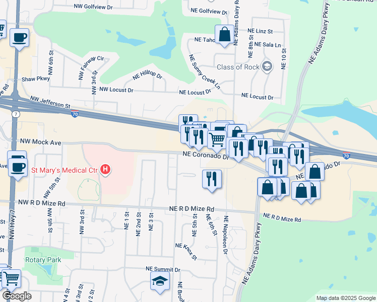 map of restaurants, bars, coffee shops, grocery stores, and more near 485 Northeast Coronado Drive in Blue Springs