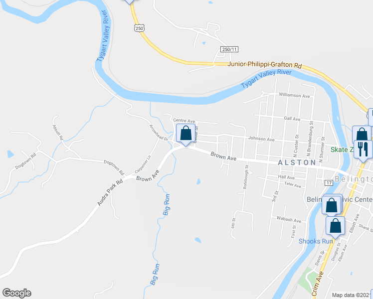 map of restaurants, bars, coffee shops, grocery stores, and more near 935 Brown Avenue in Belington