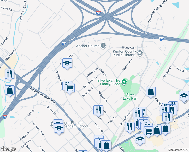 map of restaurants, bars, coffee shops, grocery stores, and more near 3164 Woodward Street in Erlanger