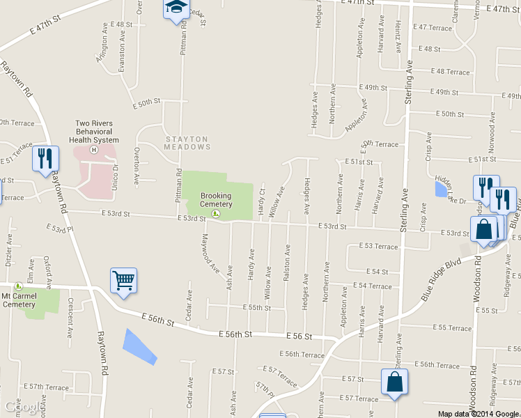 map of restaurants, bars, coffee shops, grocery stores, and more near 5104 Hardy Court in Raytown