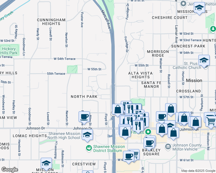 map of restaurants, bars, coffee shops, grocery stores, and more near 7175 West 56th Terrace in Mission