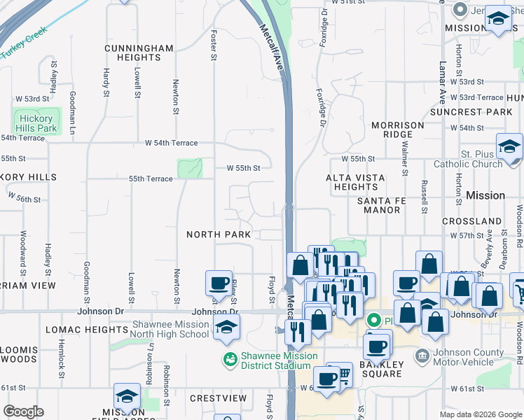 map of restaurants, bars, coffee shops, grocery stores, and more near 5603 Marty Street in Mission