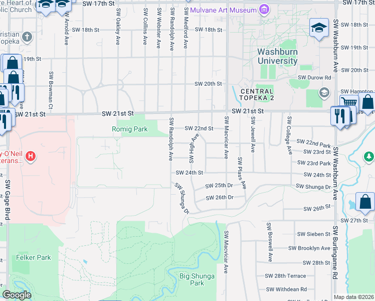 map of restaurants, bars, coffee shops, grocery stores, and more near 2308 Southwest High Avenue in Topeka