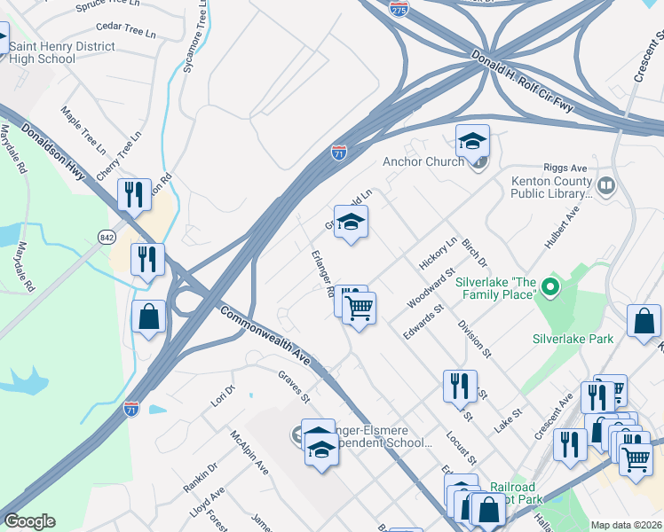 map of restaurants, bars, coffee shops, grocery stores, and more near 520 Erlanger Road in Erlanger