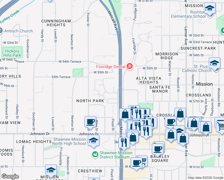 map of restaurants, bars, coffee shops, grocery stores, and more near 5603 Marty Street in Mission