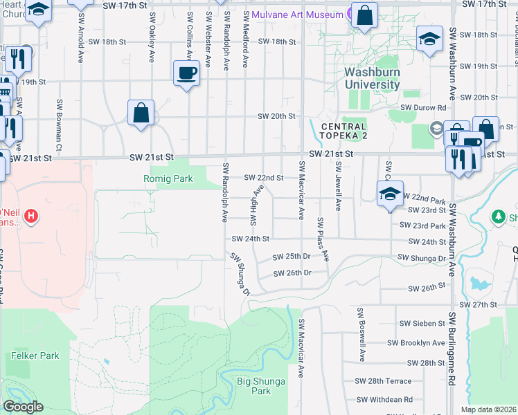 map of restaurants, bars, coffee shops, grocery stores, and more near 2308 Southwest High Avenue in Topeka
