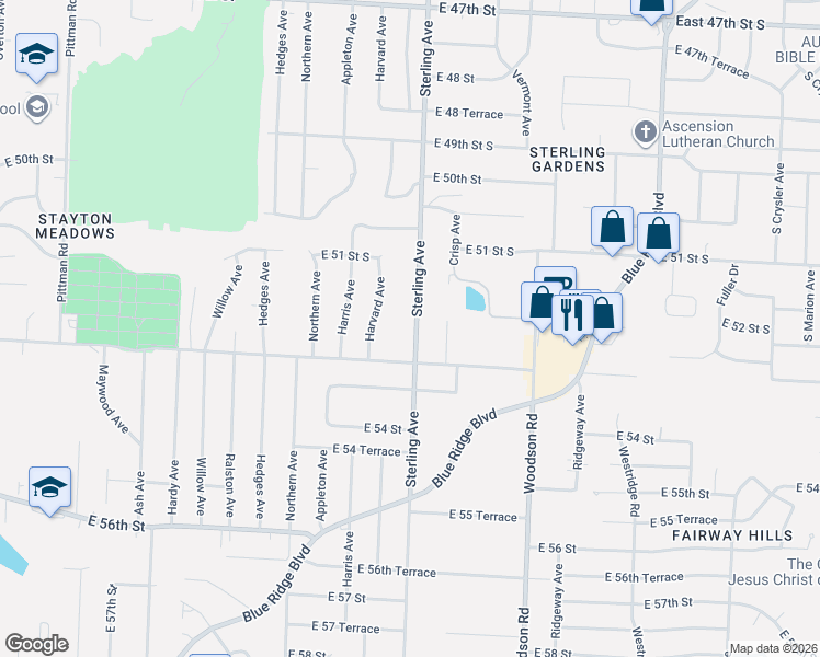 map of restaurants, bars, coffee shops, grocery stores, and more near 5212 Sterling Avenue in Raytown