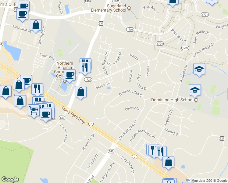 map of restaurants, bars, coffee shops, grocery stores, and more near 21252 Mirror Ridge Place in Sterling