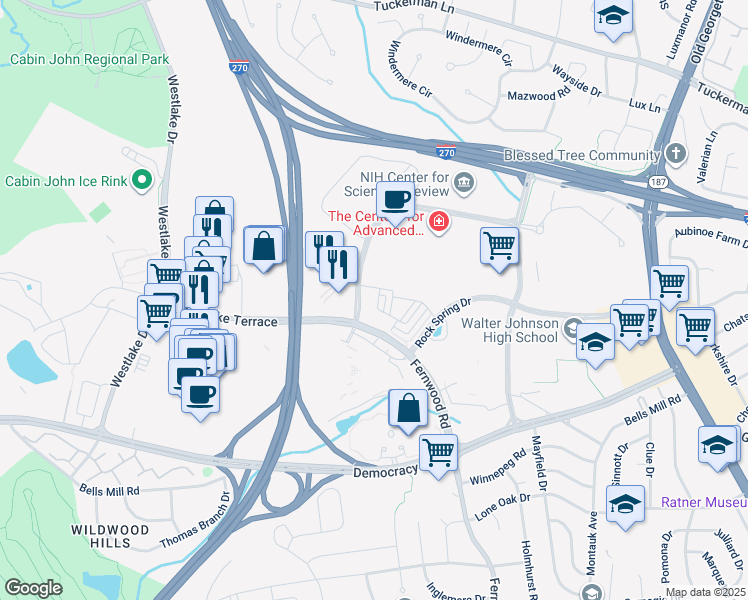 map of restaurants, bars, coffee shops, grocery stores, and more near 6734 Eames Way in Bethesda