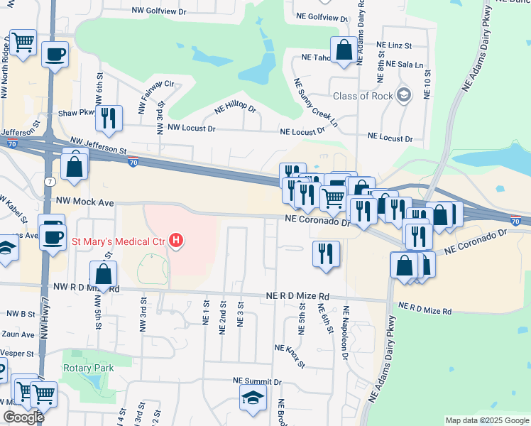 map of restaurants, bars, coffee shops, grocery stores, and more near 305 Northeast Mock Avenue in Blue Springs
