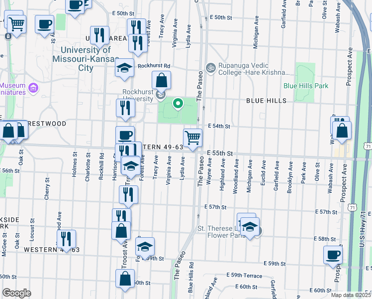 map of restaurants, bars, coffee shops, grocery stores, and more near 5447 Lydia Avenue in Kansas City