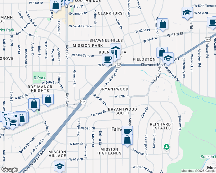 map of restaurants, bars, coffee shops, grocery stores, and more near 4121 Brookridge Drive in Fairway