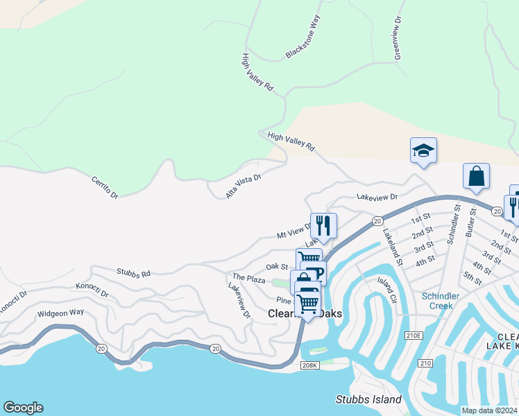 map of restaurants, bars, coffee shops, grocery stores, and more near 12403 Alta Vista Drive in Clearlake Oaks