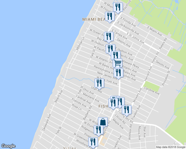 map of restaurants, bars, coffee shops, grocery stores, and more near 127 West New York Avenue in Lower Township