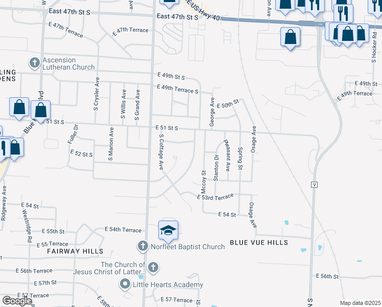 map of restaurants, bars, coffee shops, grocery stores, and more near 5200 South Delaware Avenue in Independence